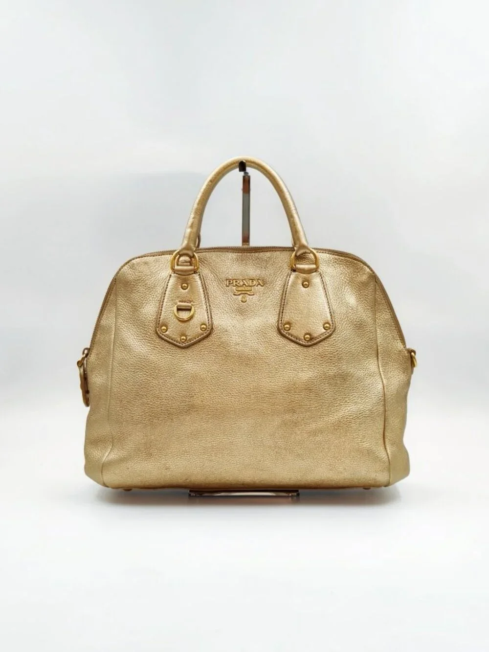 Prada Vitello Daino Metallic Gold Pebbled Leather Satchel Bag